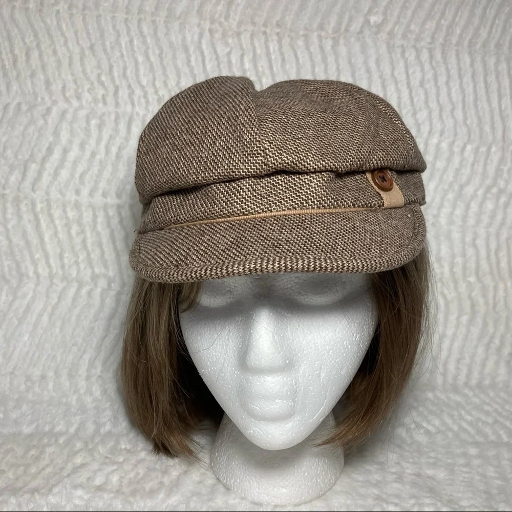 D&Y Newsboy Cap Brown Tweed Button Metallic Thread - Picture 9 of 16